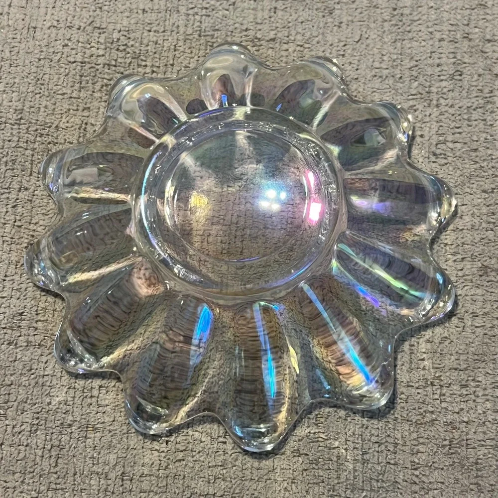 Vintage Iridescent Clear Glass Scalloped Flower Bowl 6 Inch Candy Dish Catchall